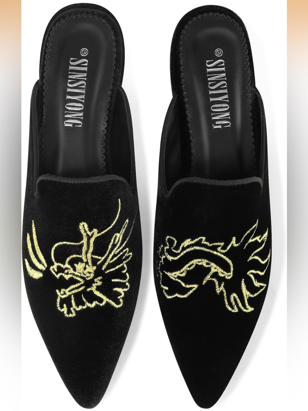 Sinsiyong Black Velvet Pointed Mules with Gold Embroidered Dragon